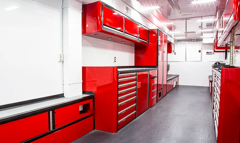Red Custom Cabinet System in Large Trailer
