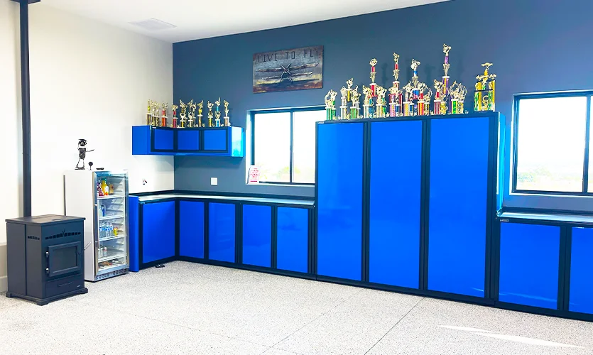 Blue Custom Garage Cabinets with Trophies