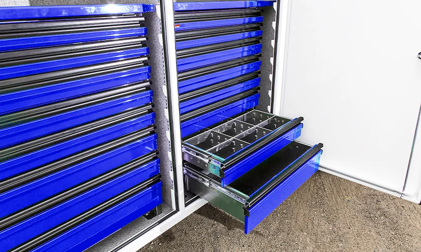 Blue and Black Service Truck Tool Drawers